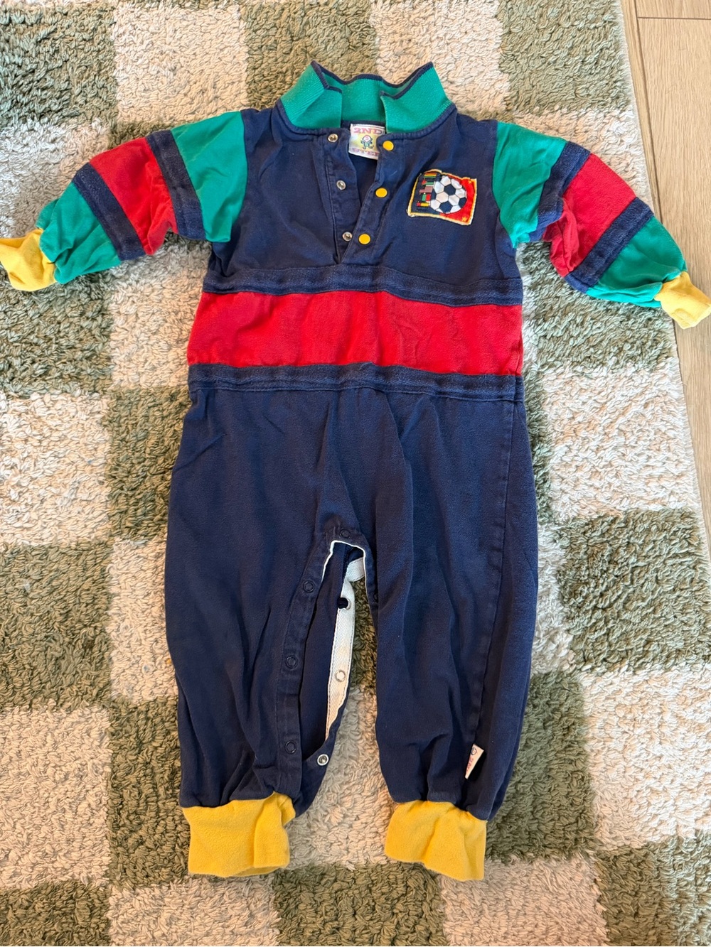 Vintage 2nd Step Colorblock Navy Baby Romper with Soccer Patch